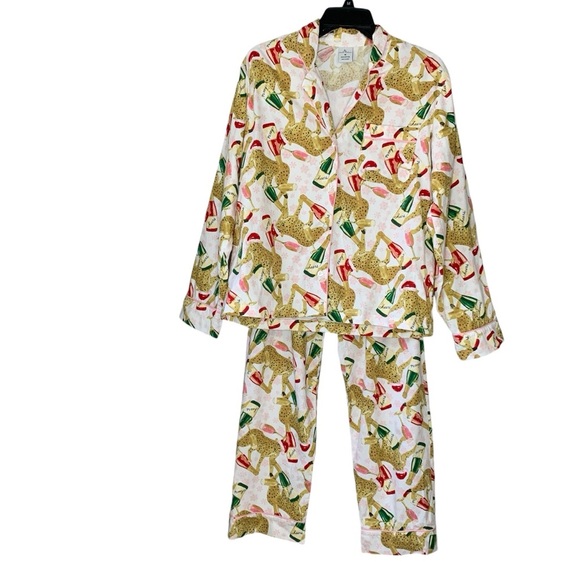 8 Oak Lane holiday leopard with Santa hat and champagne pajamas pant set. Size M - Picture 1 of 14